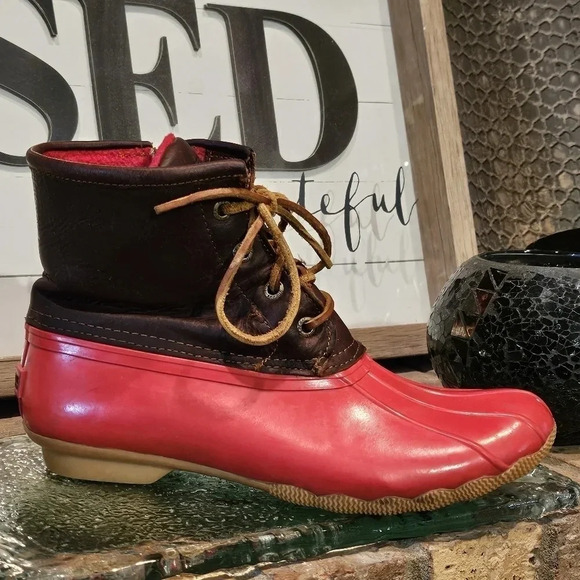 Sperry Top-Sider Saltwater Rain Boots Leather Red Rubber Wmns Sz 8 - Picture 1 of 14
